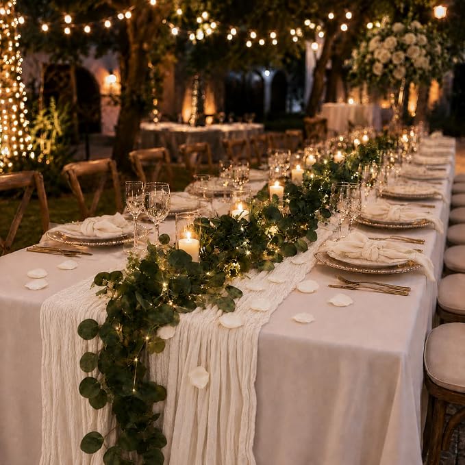 Cinrobiye 11PCS Boho Cheesecloth Table Runner Set with Rose Petals, 120'' Gauze Table Runner, Wrinkled Napkins, Eucalyptus Garland and String Lights for Wedding Baby Shower Tea Party Decorations