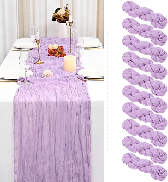 Showgeous 10 Pack Lilac Cheesecloth Table Runner Gauze Table Runner 10FT Long Semi-Sheer Table Runner Boho or Rustic Wedding Table Decor for Wedding Decor Arch Draping Bridal Shower Holiday Party