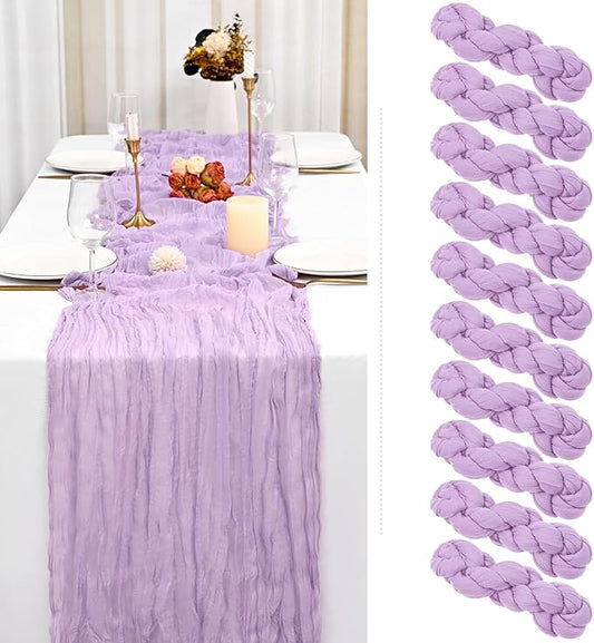 Showgeous 10 Pack Lilac Cheesecloth Table Runner Gauze Table Runner 10FT Long Semi-Sheer Table Runner Boho or Rustic Wedding Table Decor for Wedding Decor Arch Draping Bridal Shower Holiday Party
