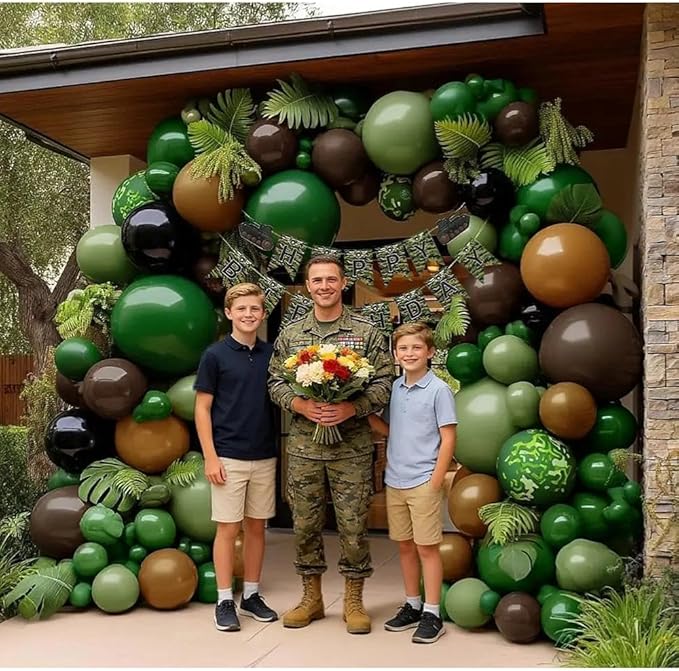 Camo Balloon Arch Garland Kit Double Stuffed Dark Green Brown Black Balloon Latex Sage Olive Green Black Balloons for Dinosaur Birthday Woodland Jungle Hunting Theme Camo Baby Shower Party Decor