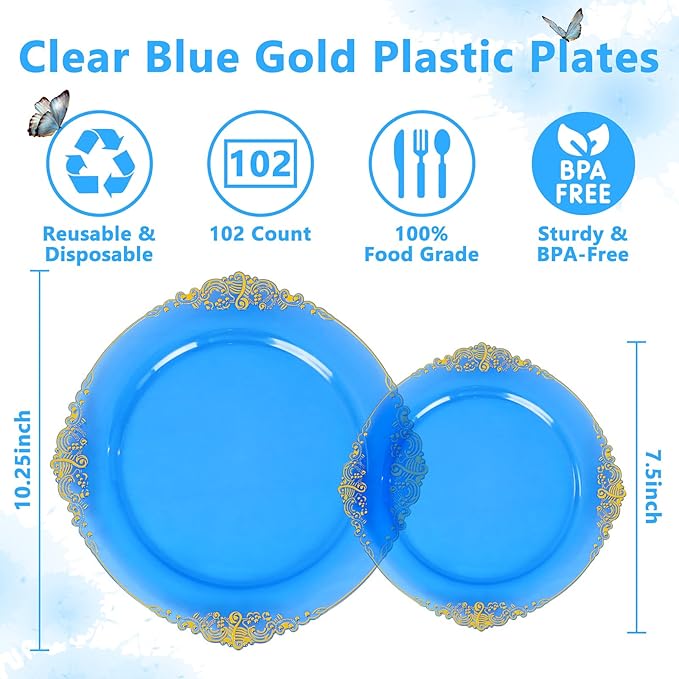 102PCS Blue Plastic Plates - Royal Gold Disposable Plates - Clear Blue Party Plate - Heavyweight Disposable Plate with Gold Rim - Fancy Dinner & Dessert Plates for 51 Guests Party Wedding