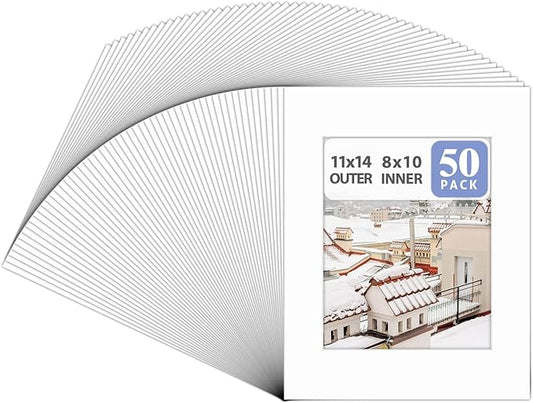Golden State Art Acid Free, Pack of 50 11x14 White Picture Mats Mattes with White Core Bevel Cut for 8x10 Photo