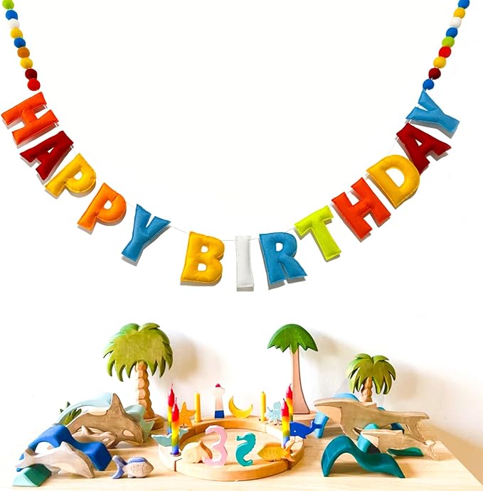 Pre-Strung Happy Birthday Banner - Felt Ball Garland, Rainbow Party Decorations, HAPPY BIRTHDAY Garland, Personalized Birthday Sign for Birthday Decor, Party Decor, Photo Prop (Rainbow-Colored Happy Birthday Banner)