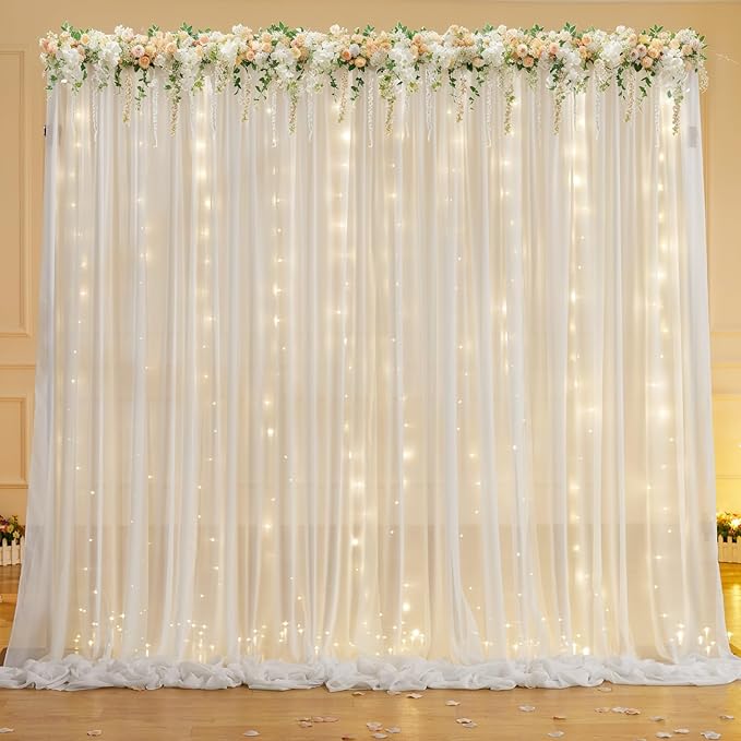 20ft x 10ft Cream White Chiffon Backdrop Curtain with Lights String for Parties,4 Panels Tulle Sheer Curtain Wedding Backdrop for Baby Shower Birthday Party Ceremony Reception Home Decorations