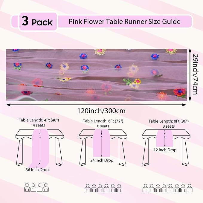 Set of 3 Flower Table Runner 10ft, 29 * 120 Inch Pink Table Cloth Sheer Tulle Table Cover,Embroidery Daisy Table Runner for Wedding Party Baby Shower Birthday Home Decor