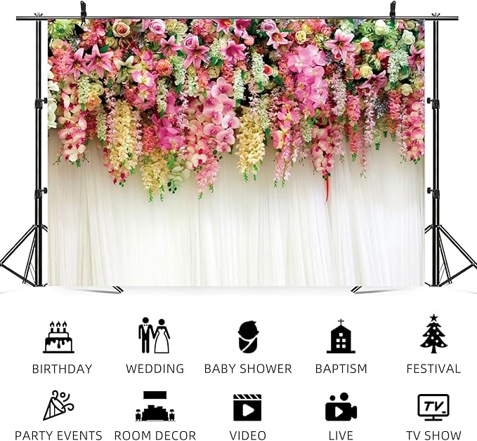 15x8ft Pink Floral Backdrop White Curtain Wedding Reception Photography Background Colorful Flowers Anniversary Bridal Shower Decorations Birthday Party Baby Shower Portrait Photo Booth Prop