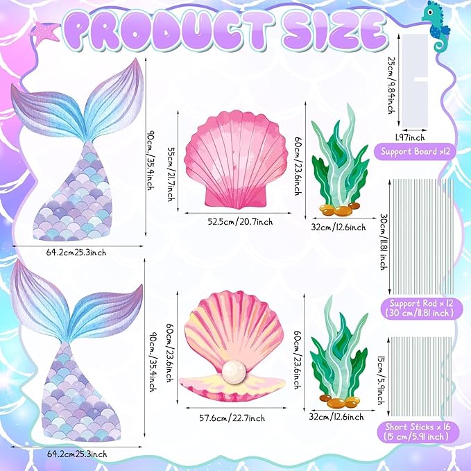 6 Pcs Mermaid Backdrop Under The Sea Birthday Party Decorations Large Mermaid Tail Seaweed Seashell Cardboard Cutouts Ocean Theme Booth Photo Props for Baby Shower Indoor Outdoor Decor