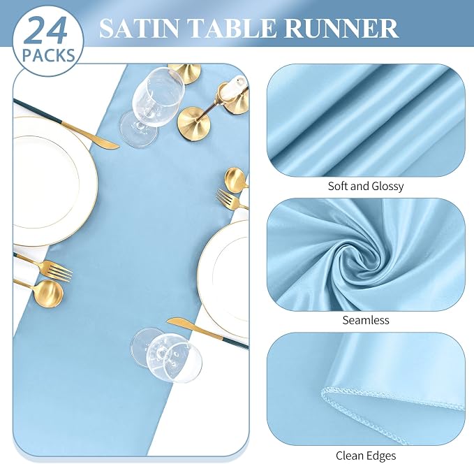 24 Pack Light Blue Satin Table Runners 12 x 108 Inch Long Sky Blue Table Runners for Rectangle Round Tables, Smooth Satin Table Runner for Wedding,Birthday Party Banquets Engagements Decoration