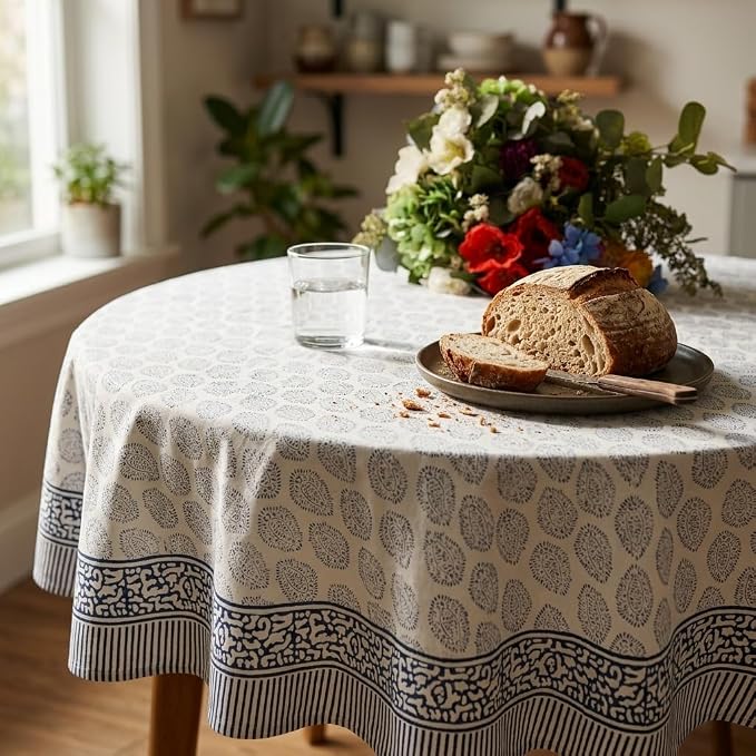ATOSII Amalfi 100% Cotton Round Tablecloth, Handblock Print Floral Table Cloth for Kitchen Dining Linen I Parties, Weddings, Outdoors, Spring Summer I 90" Inches Round