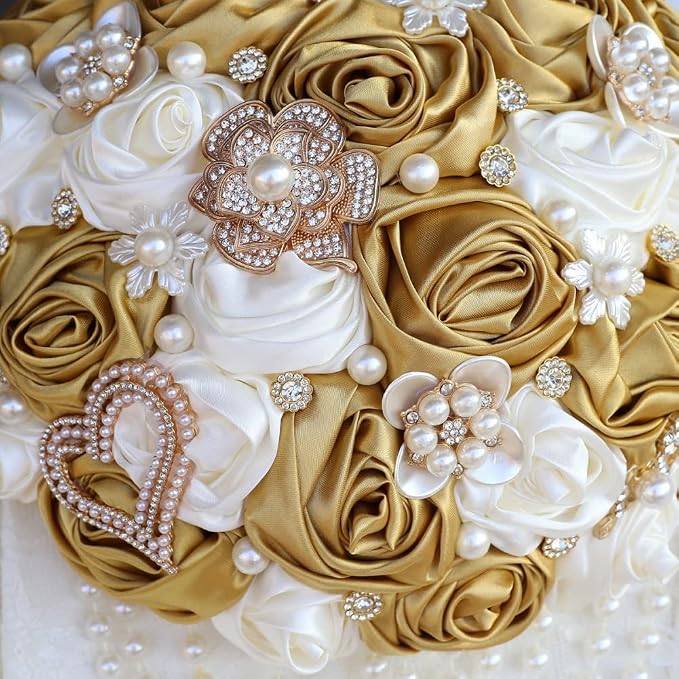 Ivory and Gold Bridal Wedding Bouquet with Rhinestone Brooch Pearl String Cascade Bouquet for Bride Bridesmaid Quinceanera Satin Rose Flower Bouquet Wedding Ivory and Gold 9.8in