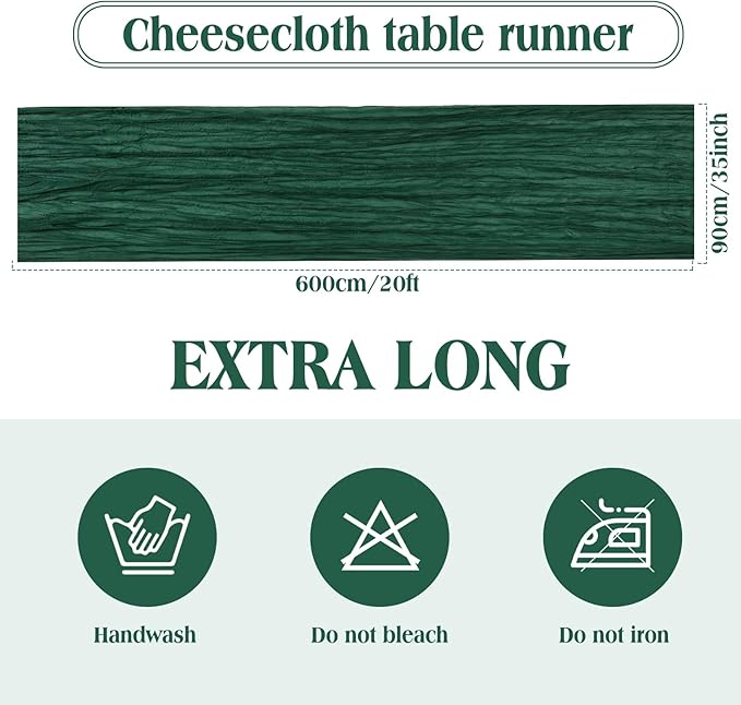 LemonRoad 4 Pcs 20ft Cheesecloth Table Runners Extra Long Boho Rustic Gauze Fabric Cheese Cloth Runner for Wedding Decorations Baby Shower Party Supplies Boho Table Bridal Shower Decor (Emerald Green)