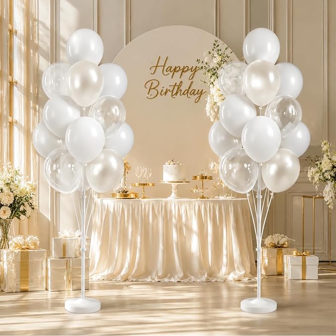 White Balloon Column Stand Kit Set of 2 Included-Pearl white Globos Blancos alloon Sticks with Base&Pole,Backdrop Decoration for Wedding Bridal Baby Shower Birthday,Anniversary Party