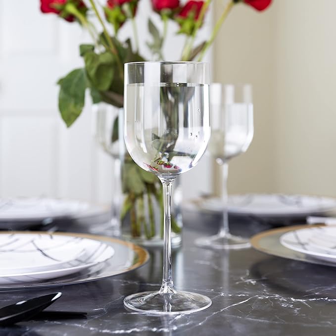 PLASTICPRO Clear Plastic Wine Glasses Set of 25 Elegant Wine Goblets Hard Plastic Wine Cups on Stem 12 Ounce