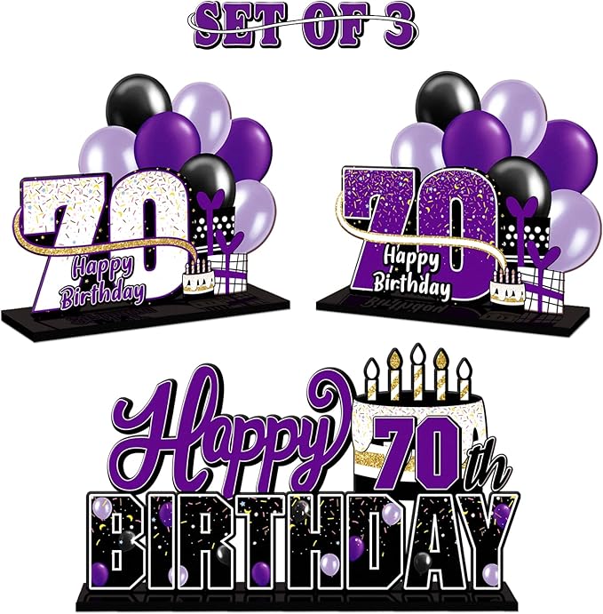 LINGTEER Happy 70th Birthday Purple Acrylic Table Topper Centerpieces Set - Cheers to Seventy Years Old Birthday 70th Bday Party Gift Decorations.