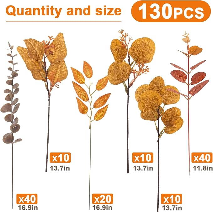 130 Pcs Fall Mixed Greenery Artificial Eucalyptus Stems Bulk, 6 Kinds of Fake Eucalyptus Leaves, Autumn Faux Floral Arrangement for Wedding Bouquet, Farmhouse Home Thanksgiving Decor (130, Orange)
