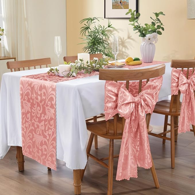 MILVOWOC 12 Pack Rose Gold Satin Table Runner, 12 x 72 Inch Jacquard Damask Table Runner Rectangle Bright Silky Decorative Table Runner for Party Banquet Birthday Dinner Wedding Table Decor
