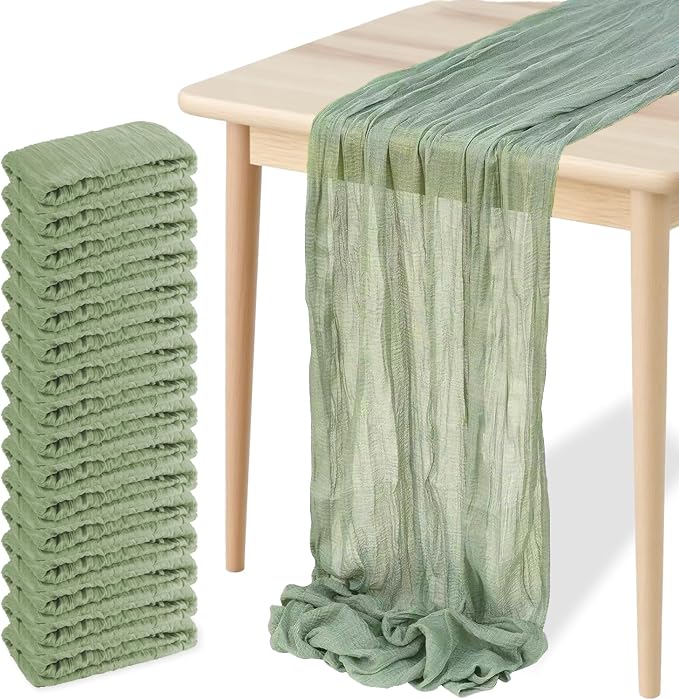 16 Pack Cheesecloth Table Runners 20" x 120", Boho Gauze Table Decor for Wedding, Bridal Shower, Birthday Party, Long Romantic Runner(Sage Green)