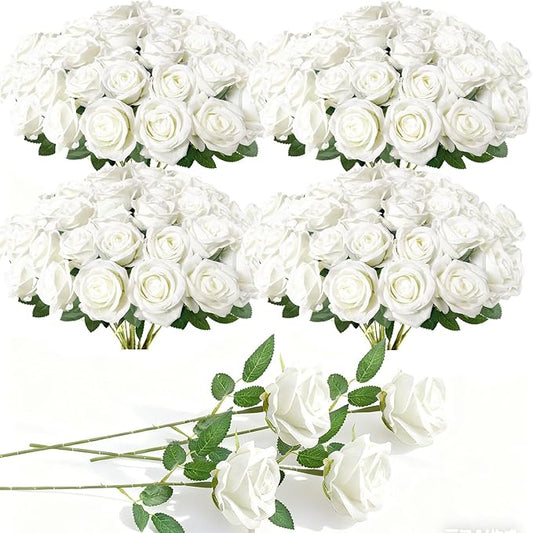 100Pcs White Roses Artificial Flowers with Stems，Fake Roses Bouquet Fake Flowers Bulk，Silk Velvet Roses for Wedding Centerpieces Arrangement Baby Shower Birthday Home Decor Gifts