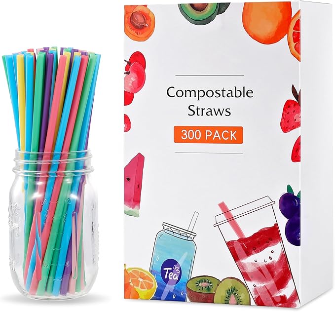 [300 Pcs] Biodegradable Compostable Disposable Colorful Straws - PLA Plant Based Drinking Straws for Juice Coffee Cocktail Cold Drinks (8.25" LongX0.23" Wide)