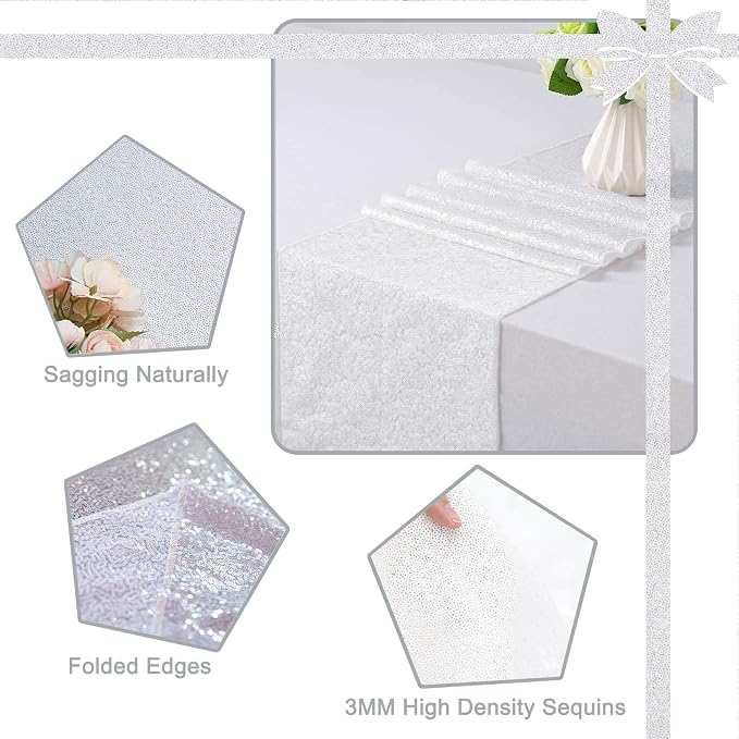 White Sequin Table Runner - 12"x108", 6 Pack Glitter Table Runner for Graduation, Baby, Bridal Shower, Wedding, Birthday, Party, Christmas