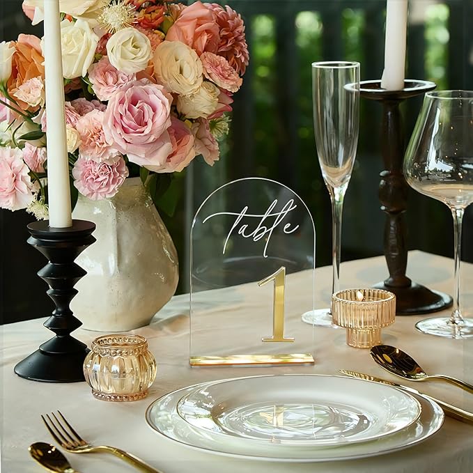 Crystal Clear Acrylic Wedding Table Numbers 1-30 Set, Self-Standing Modern Arched Signs for Reception Seating, Anniversary & Bridal Shower, Elegant Wedding Decor (5x7 Inches)