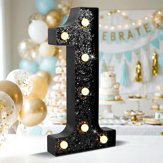 12.6 Inch LED Black Marquee Light Up Numbers, 1st Birthday Decorations Number Lights as Gifts for Girls Boys, Glitter Lighted Marquee Numbers for Black Anniversary Party Table Decor, 1