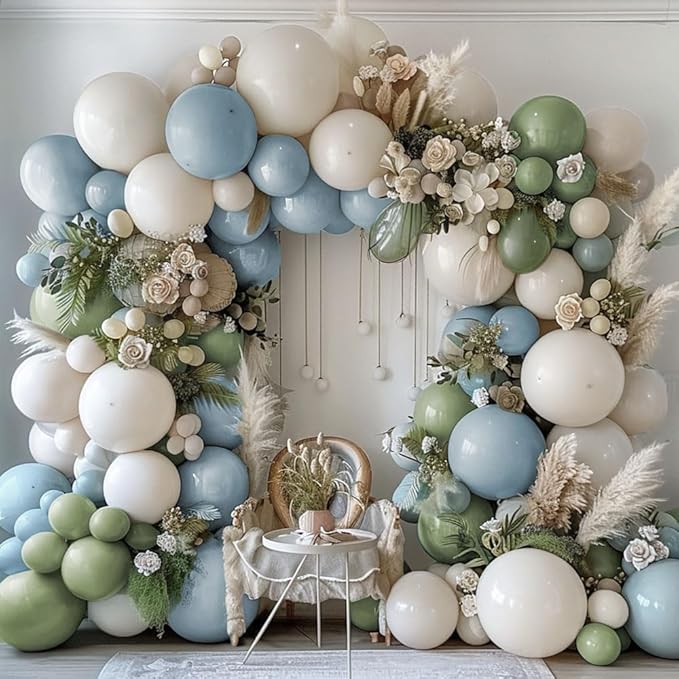 Dusty Blue Green Balloon Garland Arch Kit Double Stuffed Avocado Green Balloons Thick Latex White Sand Pastel Blue Balloons Kit For Jungle Safari Neutral Birthday Baby Shower Party Deocrations