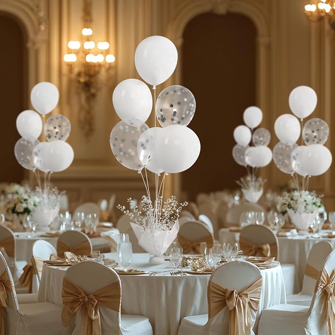 6 Set White Table Balloons Centerpiece with White and Confetti Balloons Stand Kit for Birthday Party Baby Shower Wedding Bridal Shower Prom Cake Table Decorations