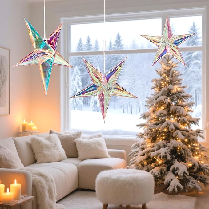 SUNBEAUTY 14 Inch 5 - Pointed Iridescent Christmas Lights Moravian Star 3D Christmas Party Decor Hanging for Wedding Birthday Showers Home Evening Party Window Decoration