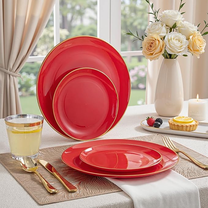 WDF 150Pcs Red Plastic Plates - Red Plates Disposable 25Guest Dinnerware Include 25 Dinner Plate, 25 Dessert Plate, 75 Cutlery & 25 9oz Cups for Wedding/Birthday/Bridal Shower