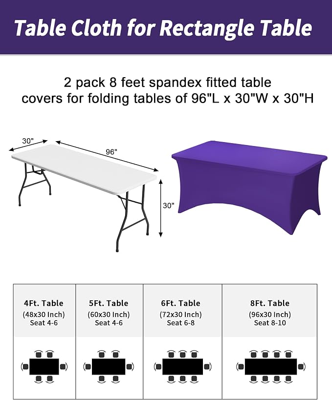 Fixwal Purple Tablecloths for 8 Foot Rectangle Tables, 2 Pack Spandex Stretch Fitted Table Covers for Party, Trade Show, Banquet, Wedding, Buffet