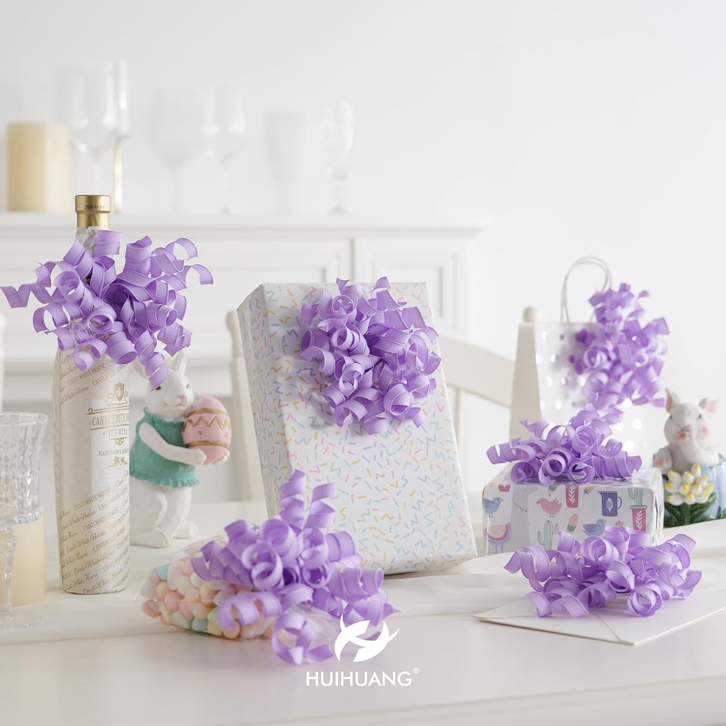 HUIHUANG Purple Bows for Gift Wrapping, Lavender Curly Ribbon Bows Self Adhesive Burst Gift Bow for Presents, Wine Bottle, Treat Bags, Wrap Accessories, Bridal Shower Wedding Party Favor - 6 Counts