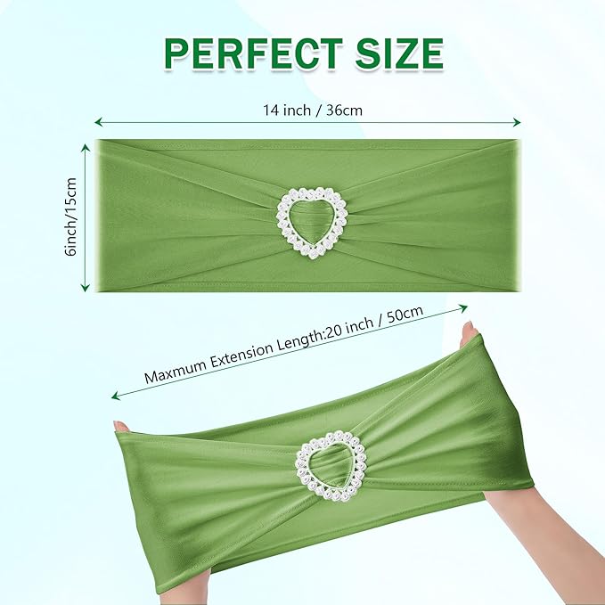 Howhic Pack of 120 Spandex Chair Sashes Bows Stretch Chair Cover Band with Buckle Slider Universal Elastic Chair Ties for Wedding Banquet Party Event Decoration (Sage Green)