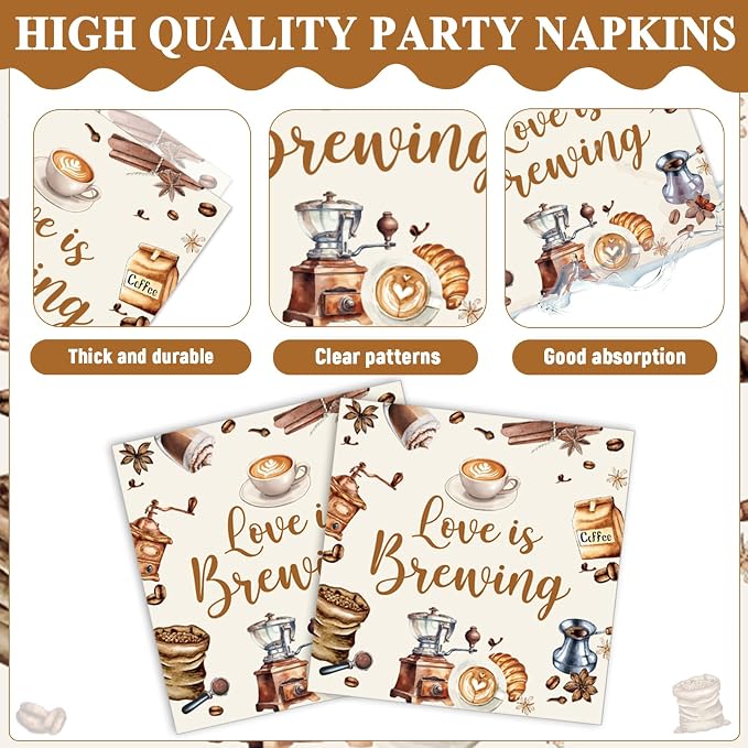 96Pcs Love Is Brewing Party Decorations Bridal Shower Tableware Coffee Theme Plates Napkins Forks Love is Brewing Coffee Dinnerware Party Supplies for Engagement Bachelorette Party Serves 24 Guests