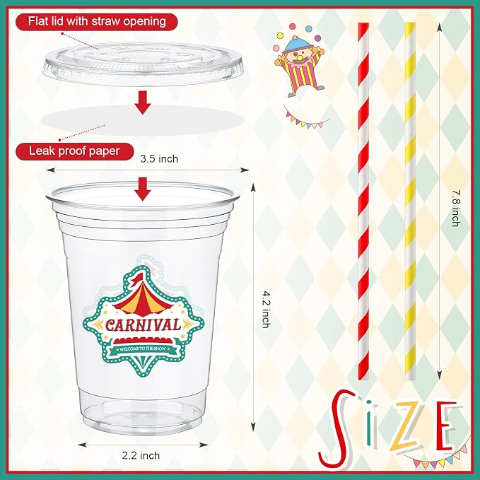 FoldTier 50 Pcs Carnival Party Plastic Cups 12 oz Disposable Plastic Cups with Straws and Lids Circus Clear mug Birthday mugs Supplies Birthday Table Decorations Party Favor