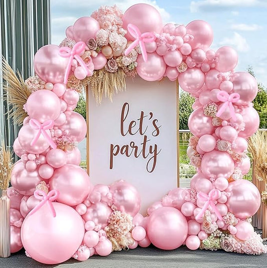 Pearl Pink Balloon Arch Double Stuffed Pearl Hot Baby Pink Balloon Garland Kit with Long Balloons Different Size for Birthday Wedding Baby Shower Bridal Anniversary Decoration