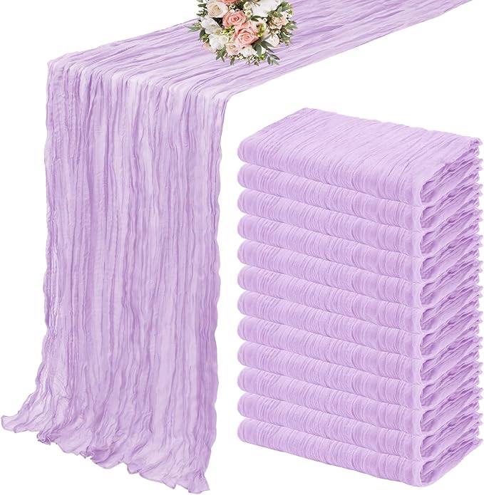12 Pack Cheesecloth Table Runner 35 x 120 inch Long Boho Cheese Cloth Gauze Table Runners Semi Sheer Table Runner for Wedding Decor, Bridal Shower, Birthday Party (Lavender)