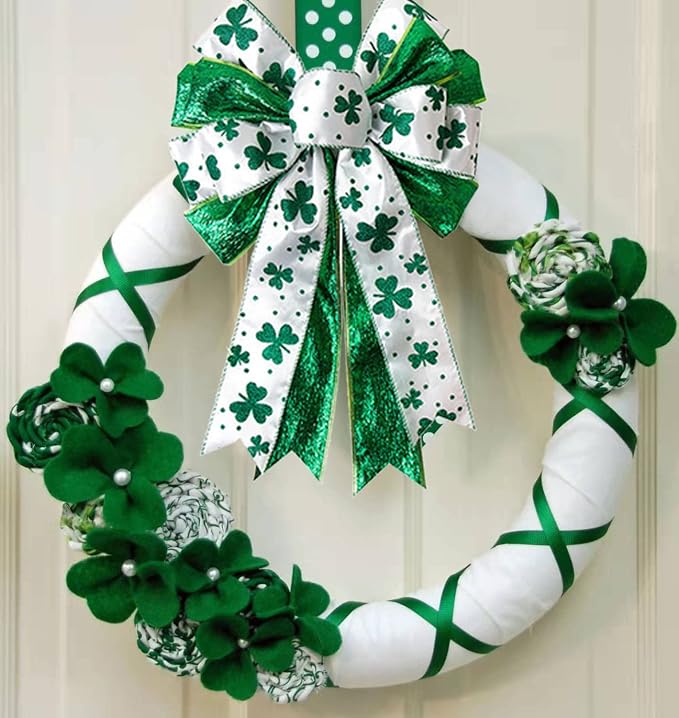St Patricks Day Bow for Wreath Decorations,11.4 * 19.6in Large White Green Glitter Shamrock Bowknot Irish Holiday Crafts Bows for Tree Topper Front Door Outdoor Outside