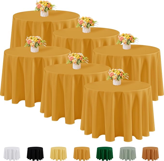 Fitable 6 Pack Gold Round Tablecloths - 120 Inches Round - Wrinkle and Stain Resistant Fabric Table Clothes, Washable Polyester Table Covers for Wedding, Party, Banquet, Formal Events