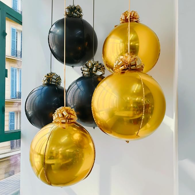 6 Pack Black and Gold Balloons, 22 Inch 4D Metallic Orb Hanging Balloons with 12 Pull Ribbon Bows, Ceiling Party Decorations for Birthday, Graduation 2026, Men’s Birthday and Old Money Party Decor
