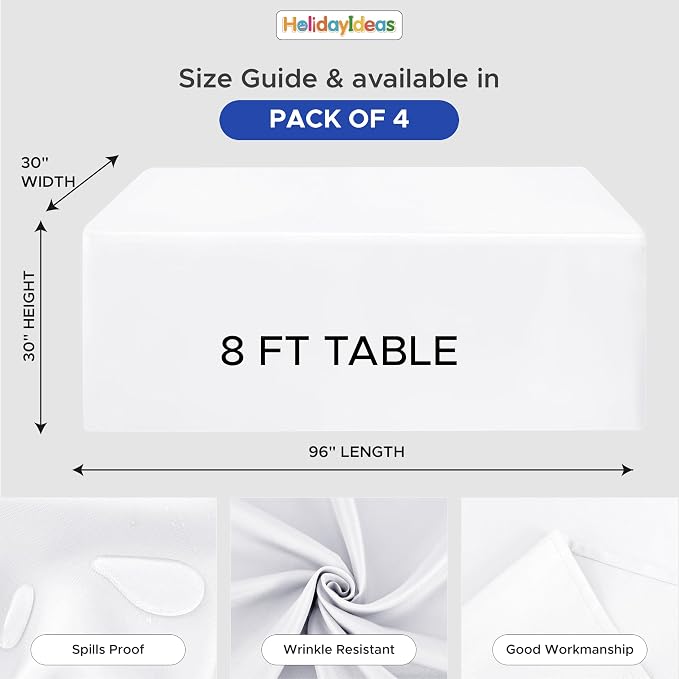 HolidayIdeas 4-Pack 8ft White Rectangle Craft Shows Fitted Tablecloth | Wrinkle resistant table covers; bulk quantity pack for professional trade exhibition displays or vendor booths