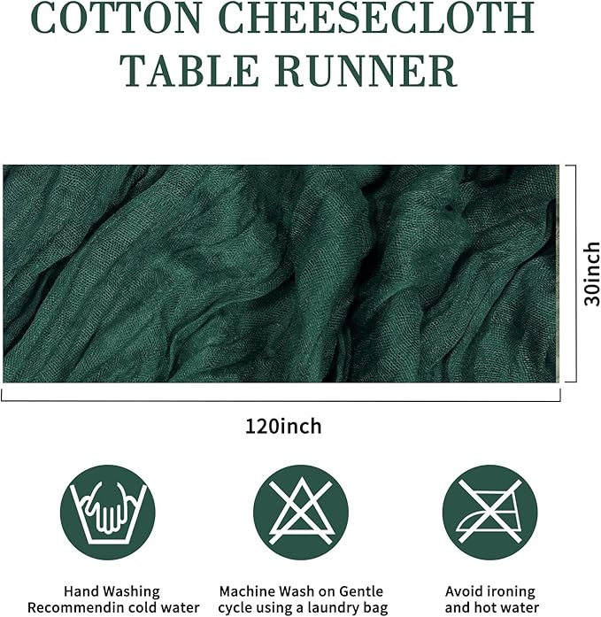10 Pack 120inch Dark Green Cheesecloth Table Runners - 10Ft Long Cotton Gauze Table Runner for Christmas Parties and Weddings Bridal Baby Showers Decoration- Elegant Emerald Green Table Cloth