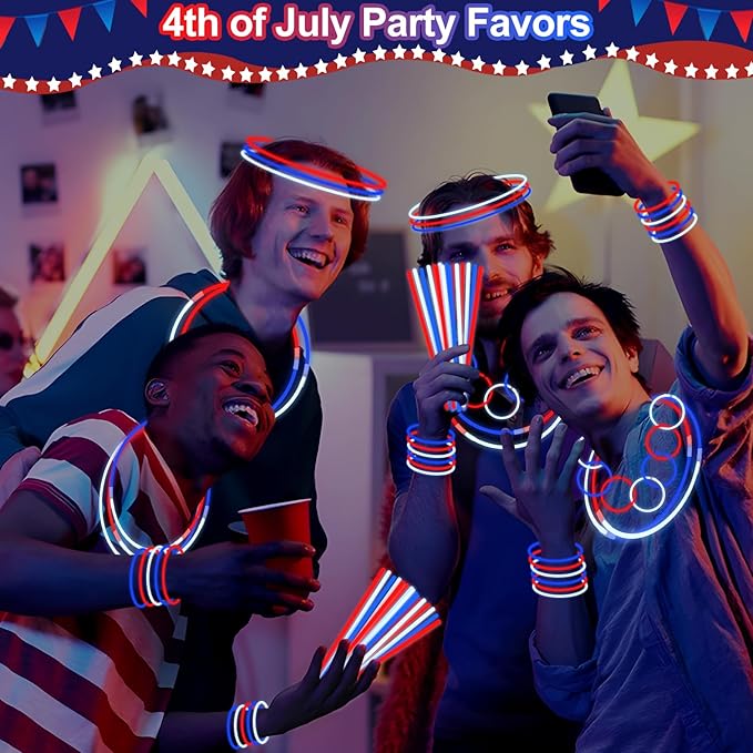 480 Pack 4th of July Glow Sticks Party Favors with Connectors,Patriotic Red White Blue Glow Stick Bracelets Nacklaces Glow in the Dark Accessories 250th Anniversary USA Independence Day Decorations
