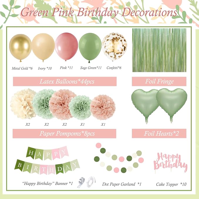 Pink and Green Birthday Decorations, Party Décor for Women, Happy Birthday Decorations with Birthday Banner Fringe Curtain