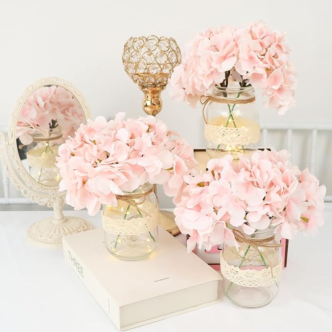 Mason Jar Table Centerpiece Set of 3 with Lights Pink Hydrangea artificial Flowers for Engagement Party Bridal Shower Centerpieces Wedding Christmas Thanksgiving Party Reception Table Decor