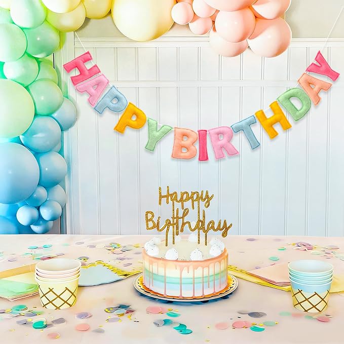 Pre-Strung 3D Pastel Felt Happy Birthday Banner, Handmade Macaron Color Birthday Garland for Party Decorations, Reusable Happy Birthday Sign for Kids Party Supplies Girls Women Rainbow Party Décor