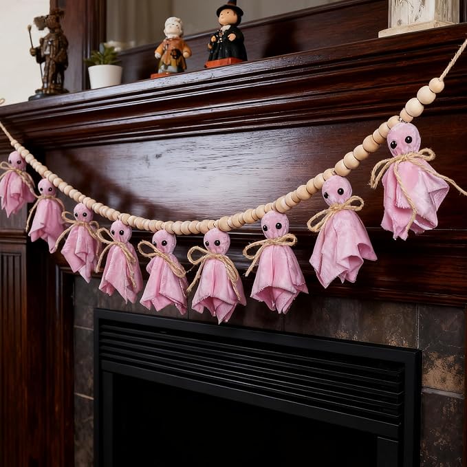 8.5Ft Pink Halloween Ghost Garland with Wooden Beads, Handmade Ghost Banner for Spooky & Cozy Home, Indoor Halloween Decor for Fireplace