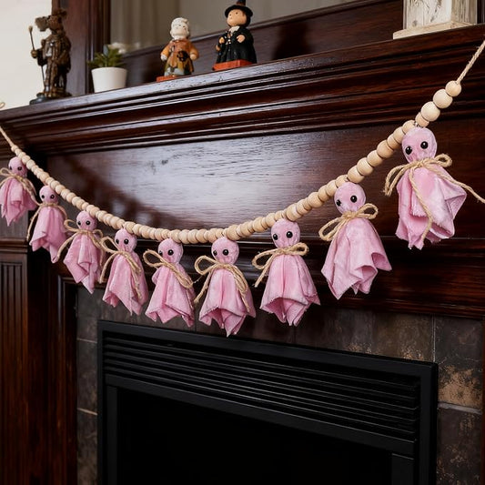 8.5Ft Pink Halloween Ghost Garland with Wooden Beads, Handmade Ghost Banner for Spooky & Cozy Home, Indoor Halloween Decor for Fireplace
