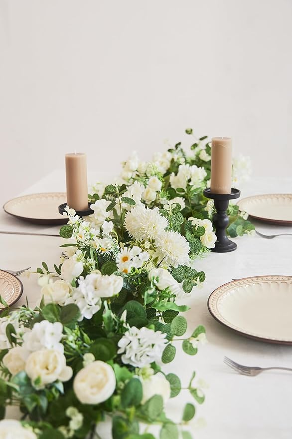 MISSPIN 5.9Ft Eucalyptus Garland with Flowers, Artificial Fake Flower Greenery Spring Garland for Baby Shower Wedding Mantle Table Centerpiece Spring Decor