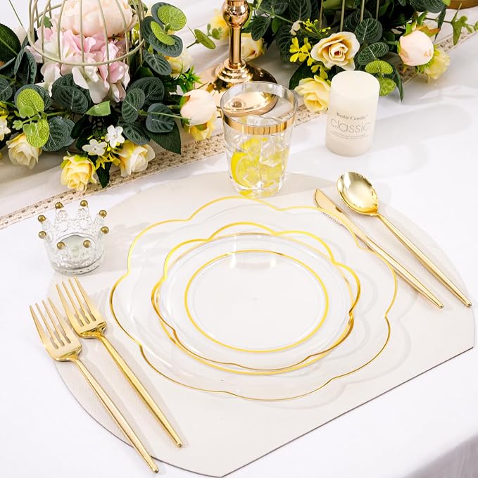 ejonirinjonir EI 180pcs Clear Plastic Plates with Gold Plastic Silverware, Plate for Party,Clear Dinnerware Set,Heavy Duty Plate for Wedding,Afternoon Tea,Spring,Mother's Day,Valentine's Day,Easter